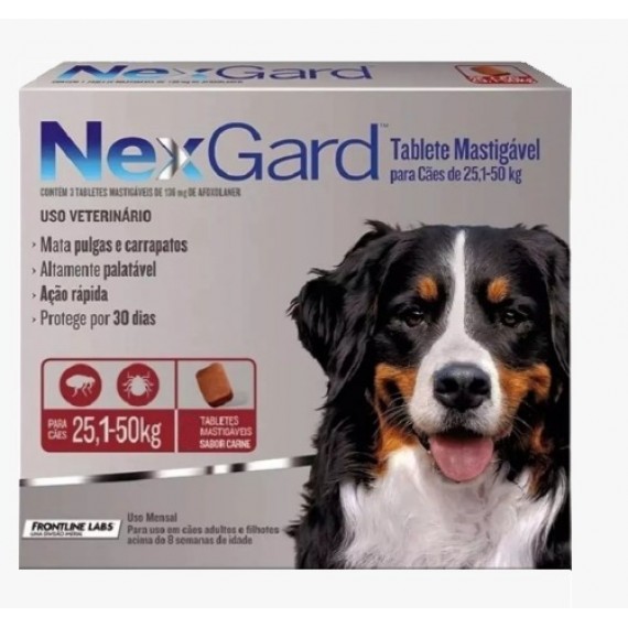 Antipulgas e Carrapatos NexGard para Cães - 25,1 a 50 Kg - 1 caixa (3 tabletes)