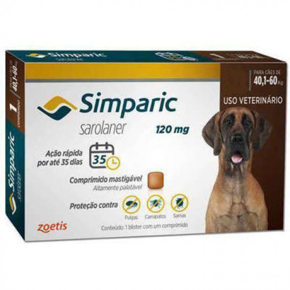 Antipulgas Simparic da Zoetis para Cães  - 40,1 a 60 Kg - 1 Comprimido