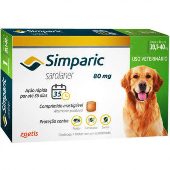 Antipulgas Simparic da Zoetis para Cães  - 20,1 a 40 Kg - 1 Comprimido