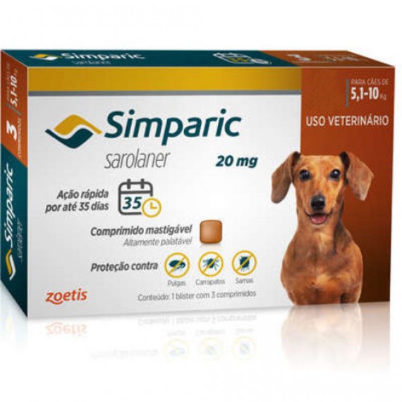 Antipulgas Simparic da Zoetis para Cães - 5,1 a 10 Kg - 1 Comprimido
