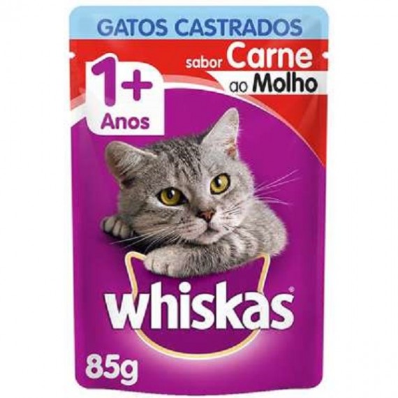 Ração Úmida Sachê Whiskas para Gatos Castrados sabor Carne ao Molho - 85g